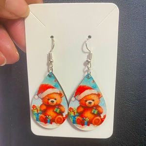 NWOT Christmas teardrop dangle earrings with a Christmas bear and gifts on them